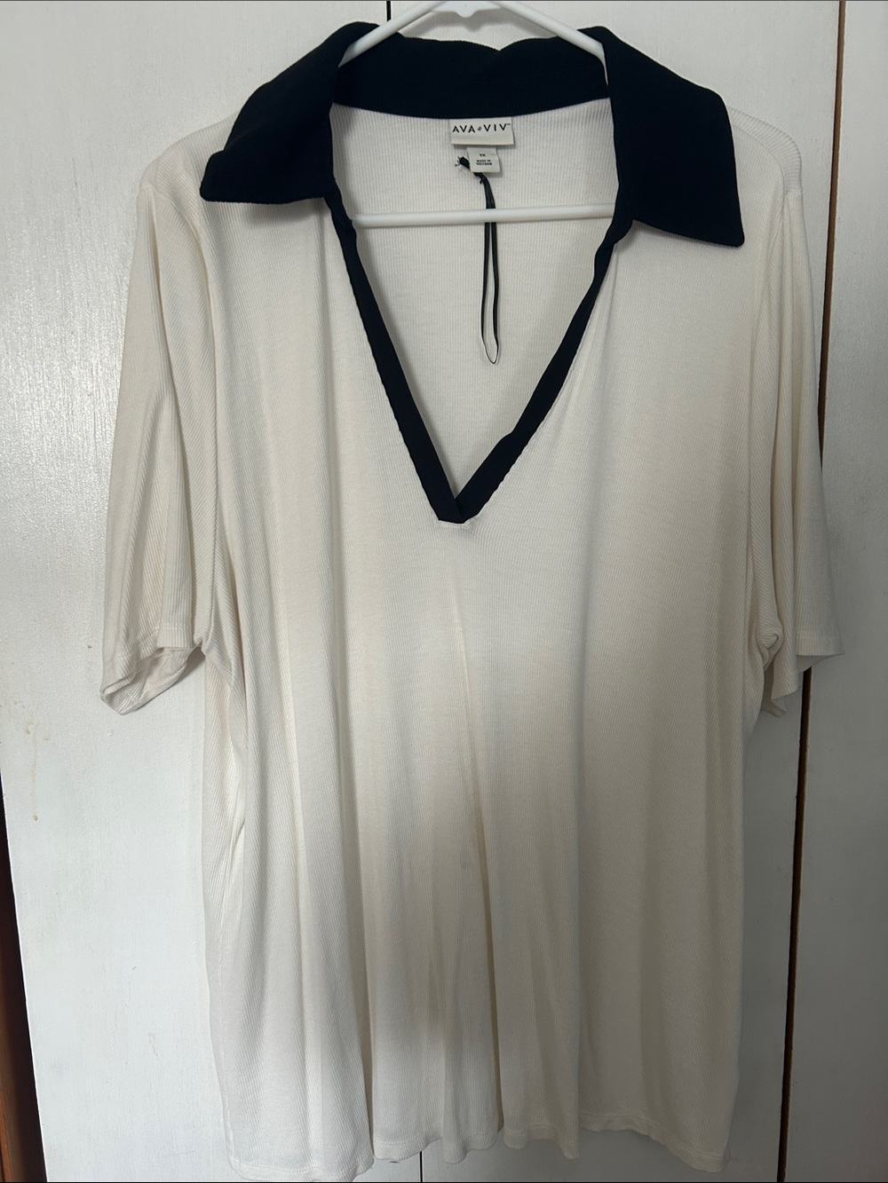 Ava & Viv Cream V-Neck Polo Top with Black Collar
